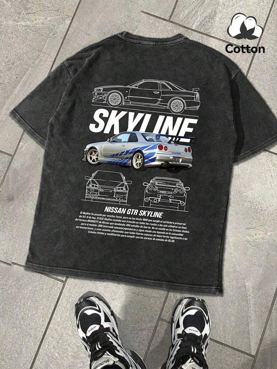 Men's Casual Crew Neck Short Sleeve T-Shirt With Vintage Car Print, Commuter Everyday Wear