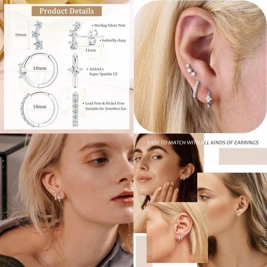 3 Pairs Sterling Silver Stud Hoop Earrings For Women Teens Dainty 14k Gold Earrings 925 Sterling Silver Cartilage Earrings Stud Earring Huggie Earrings Set For Multiple Piercing