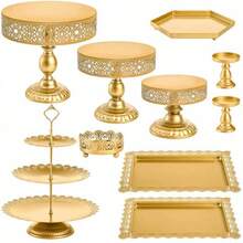 Suwimut 10 Pieces Gold Cake Stand Set Metal Round Cupcake Holder Dert Display Plate Serving Platter Dert Table Stands And Trays Set For Christmas Wedding Birthday Anniversary Tea Party - Vàng - Xem 1