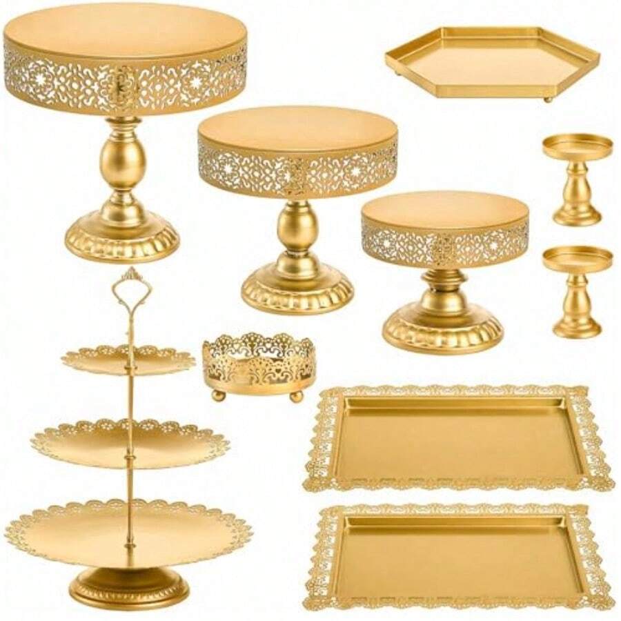 Suwimut 10 Pieces Gold Cake Stand Set Metal Round Cupcake Holder Dert Display Plate Serving Platter Dert Table Stands And Trays Set For Christmas Wedding Birthday Anniversary Tea Party - Vàng - Xem 1