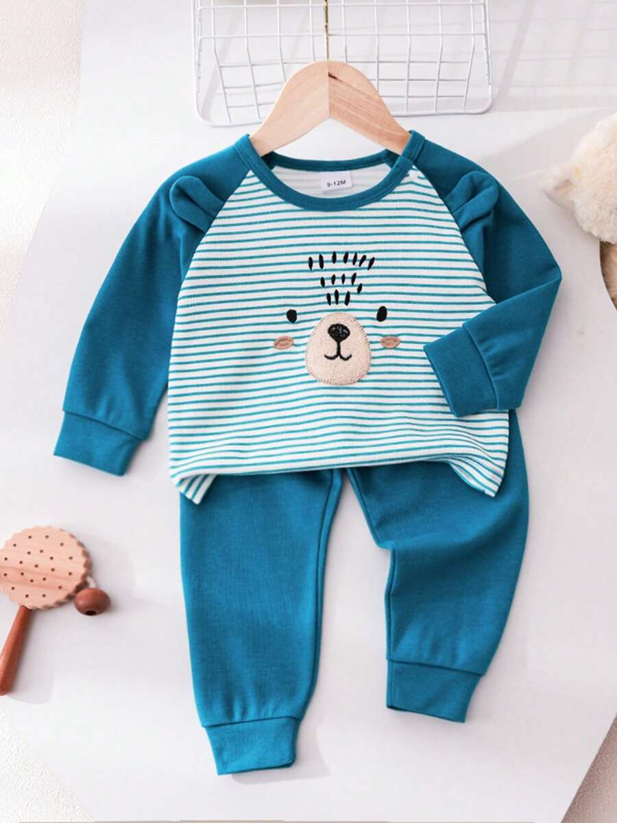 2 Stücke/Set Kleinkinder Jungen Lässig Outfit, süßes Bären Muster gestreifter Splice Ohr Design Langarm Top kombiniert mit braunen Bundfalten Hosen, bequeme Alltagskleidung