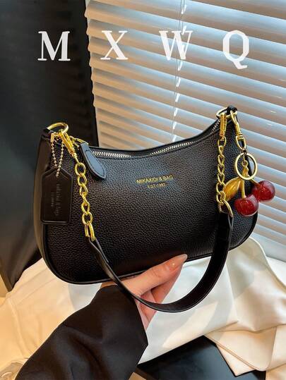 Nuevo bolso de hombro de moda clásico y versátil con gráfico de letra, decoración de unicolor, tela impermeable de PU, adecuado para compras, se puede usar como bandolera. Decoración con colgante de cereza, bolso de media luna de verano, vacaciones en la playa, vuelta al colegio, cartera de mujer