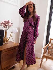 Elegancka sukienka damska z długim rękawem i nadrukiem w całości z satyny syjamskiej - z eleganckim, wysokim rozcięciem z przodu do uda i krzyżującymi się guzikami, idealna na codzienne randki, imprezy, wakacje, popołudniową herbatę i oficjalne okazje