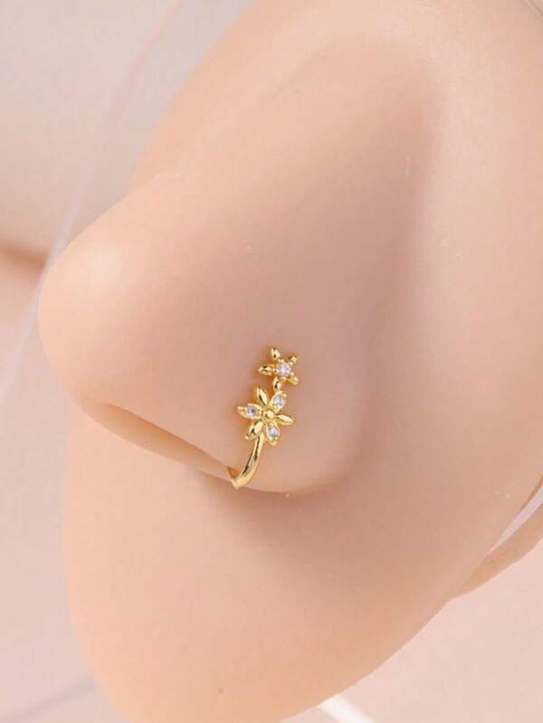 1pc U-Shaped Nose Clip With Copper Inlaid Zirconia Flower Pendant, Piercing-Free Jewelry Gift For Valentine's Day, Mother, Mother's Day