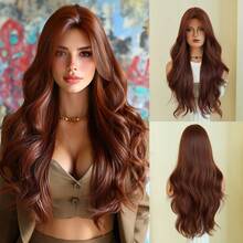 AKAKO 26 Inch Orange-Red Long Wavy Wig With Curtain Bangs, High Quality Heat-Resistant Fiber Synthetic Wave Curly Hair Wig, Gorgeous Goth Style Costume Wigs For Women Halloween Party Masquerade Ball,Music Festivals & Carnival Use - 橘色 - 查看 11