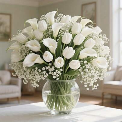 30PCS Beautifully Simulated Baby's Breath, White Tulips And Calla Lilies Set - Perfect For Wedding Bouquets, Engagement Celebrations, Home Office Decoration, Mother's Day, Spring Flower Arrangements, Outdoor Displays, Valentine's Day - Ideal Plastic Flower Decoration