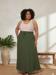 Plus Size Long Skirt In Viscolinho – High Waist With Slit And Side Pockets For Women - Army Green - View 1