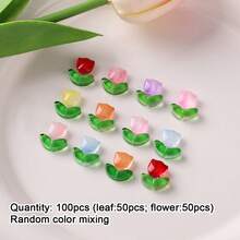 30pcs Mix Color Tulip And 30pcs Leaf Glass Beads