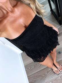 Women Strapless Tiered Ruched Tube Mini Dress Y2k Sleeveless Backless Lace Ruffle Hem A-Line Short Dress - Black - View 3