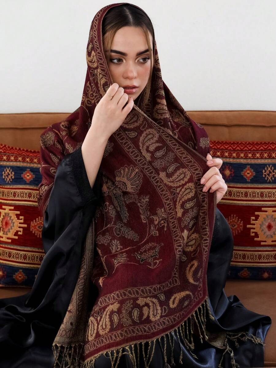 1pc Bohemian Style Fringed Scarf, Paisley Pattern Shawl, Wool Texture Shawl, Long Scarf