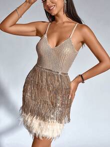 CHOSMO Champagne Sequin Fringe Hem Feather Patchwork Backless Summer Cami Mini Dress, Charming Party Cocktail Dress - Champagne - View 6