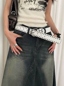 1 件女式白色仿皮朋克风格双排铆钉装饰腰带，百搭腰带 - 白色 - 查看 2