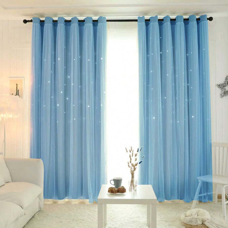 1pc Hollow Star Double Layer Voile Curtain, Top Grommet Curtain With Cute Perforated Star Design, Sheer Curtain For Bedroom, Living Room, Themed Room And Holiday Party Decor - 藍色 - 查看 1