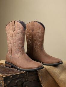 1 Pair Men's Embroidered Pattern Round Toe High-Top Low-Heel PU Leather Upper Rubber Outsole Comfortable Fitted Casual Western Cowboy Boots For Weekend Outings - Yellow - View 8