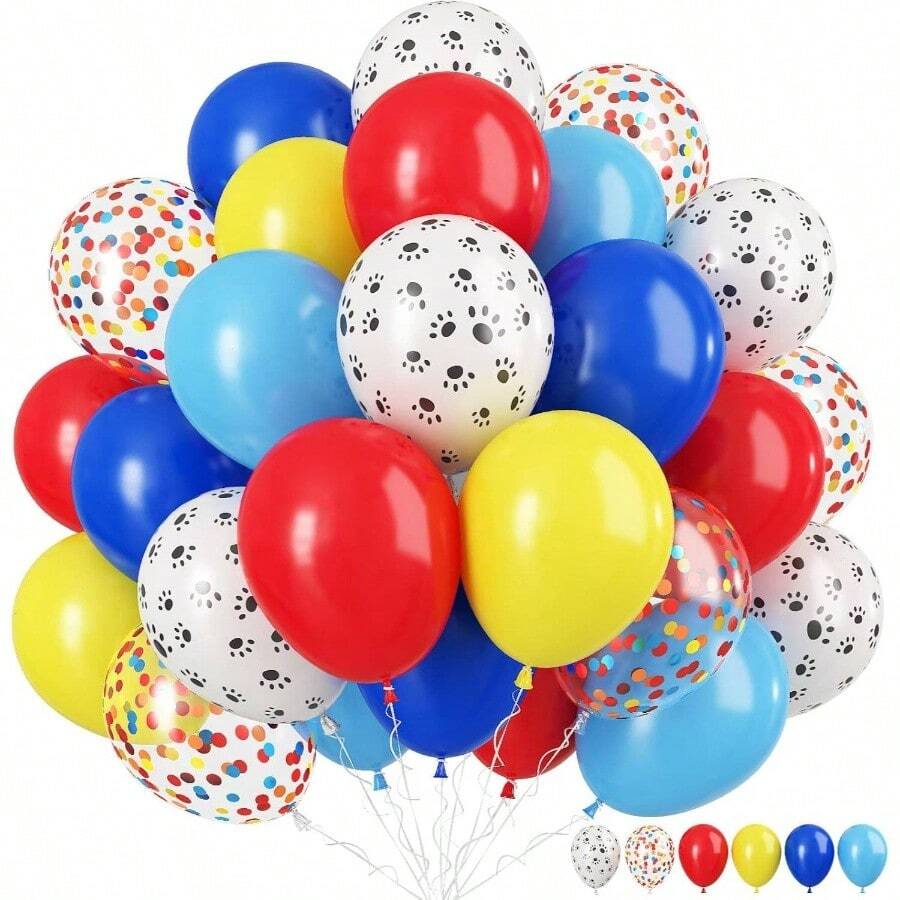 Balloons, 12 Inch Circus Balloons Red Yellow Blue And White Paw Print Puppy Balloons Colorful Confetti Latex Balloon Dog Themed Birthday Party Decorations - 紅色 黃色 藍色 - 查看 1