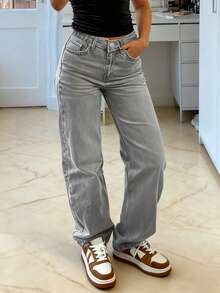 MYOURSA Dam Casual Distressed Vintage Straight Leg Jeans Vår - Ljusgrå - Visa 4