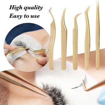 专业睫毛镊子睫毛延长镊子延长镊子，金色睫毛镊子套装，热处理睫毛镊子适用于睫毛延长初学者和睫毛艺术家