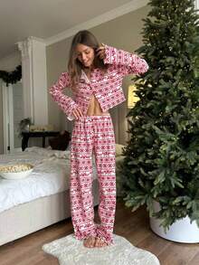 两件套女士休闲圣诞新年罗纹印花针织抽绳长袖上衣和裤子家居服套装，适合居家穿着，冬季服装 - 紅色 - 查看 1