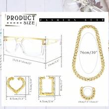 80s 90s Hip Hop Costume Kit Gold Chunky Cuban Chain Necklace Bracelet DJ Transparent Sunglasses Heart Rectangle Shaped Bamboo Earrings Rapper Accessories For Women Men