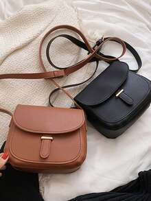 简约 PU 斜挎包，迷你时尚挎包，配有可调节肩带和翻盖设计，多功能单肩/斜挎包 - 黑色 - 查看 4