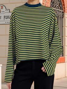 Women Striped Long Sleeve Baggy T Shirts Y2k Vintage Stripes Oversized Boxy Tees Cropped Tops Lionesss Stripped Sweatshirt Fall Preppy Teen Girl Clothes - 藏蓝色 - 查看 5
