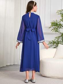 Tween Girls Middle East Style Embroidered Cardigan Dress, 2 In 1 Set With Belt - Blue - View 2