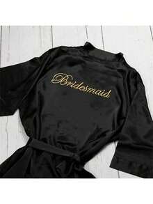 1pc Bridal & Bridesmaid Robe, Letter Graphic Bathrobe, Kimono Robe, Bride Party Prep Wear, Wedding Ceremony & Reception Accessory, Women's Spring/Summer Bridesmaid Sleepwear, Bridal Gown, Embroidered Bachelorette Party Robe, Bride Robe, Wedding Party Supplies, Outdoor Wedding, Holiday Party Essentials - Black Bridesmaids - View 8