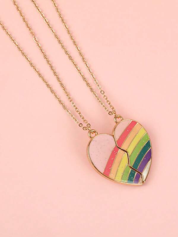 2pcs/Set Fashionable Delicate Rainbow Heart Pendant Necklace Set, Suitable As Girls Festival Gift, Sisters Friendship Jewelry Gift