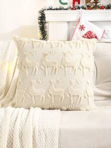 1pc Christmas Decorative Pillow Cover, Plush Quilted Embroidered Reindeer Design, Suitable For Winter Farmhouse, Living Room, Bedroom, Holiday - Beige - View 6