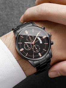 1pc Men's Fashion Three-Eye Calendar Dial Stainless Steel Band Quartz Casual Business Wrist Watch, No Watch Box Included