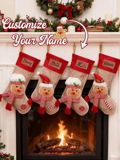 Calze di Natale personalizzate, Calza di Natale con nome personalizzato, Decorazioni natalizie personalizzate, Decorazioni per le feste, Decorazioni natalizie per la casa, Calze festive per scale e camino, Personalizzabile, Decorazione per il soggiorno, Natale, Omino di pan di zenzero, Regali di Natale, Famiglia, Amici, Bambini