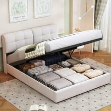 Bett 140x200,Stauraumbett, Gepolstertes Doppelbett , Polsterbett mit Bettkasten und Lattenrost, Jugendbett Funktionsbett Bettgestell Rückenlehne, Gepolstertes Doppelbett, Beige, Samt, Ohne Matratze - Beige - Übersicht 5