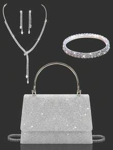 优雅迷人的女士晚宴手提包，精致奢华的单肩包，配有闪亮水钻项链、手链和耳环套装，时尚的单肩包，适合派对女孩、女士、新娘，是派对、婚礼、舞会、正式场合的完美之选。 - 銀色 - 查看 2