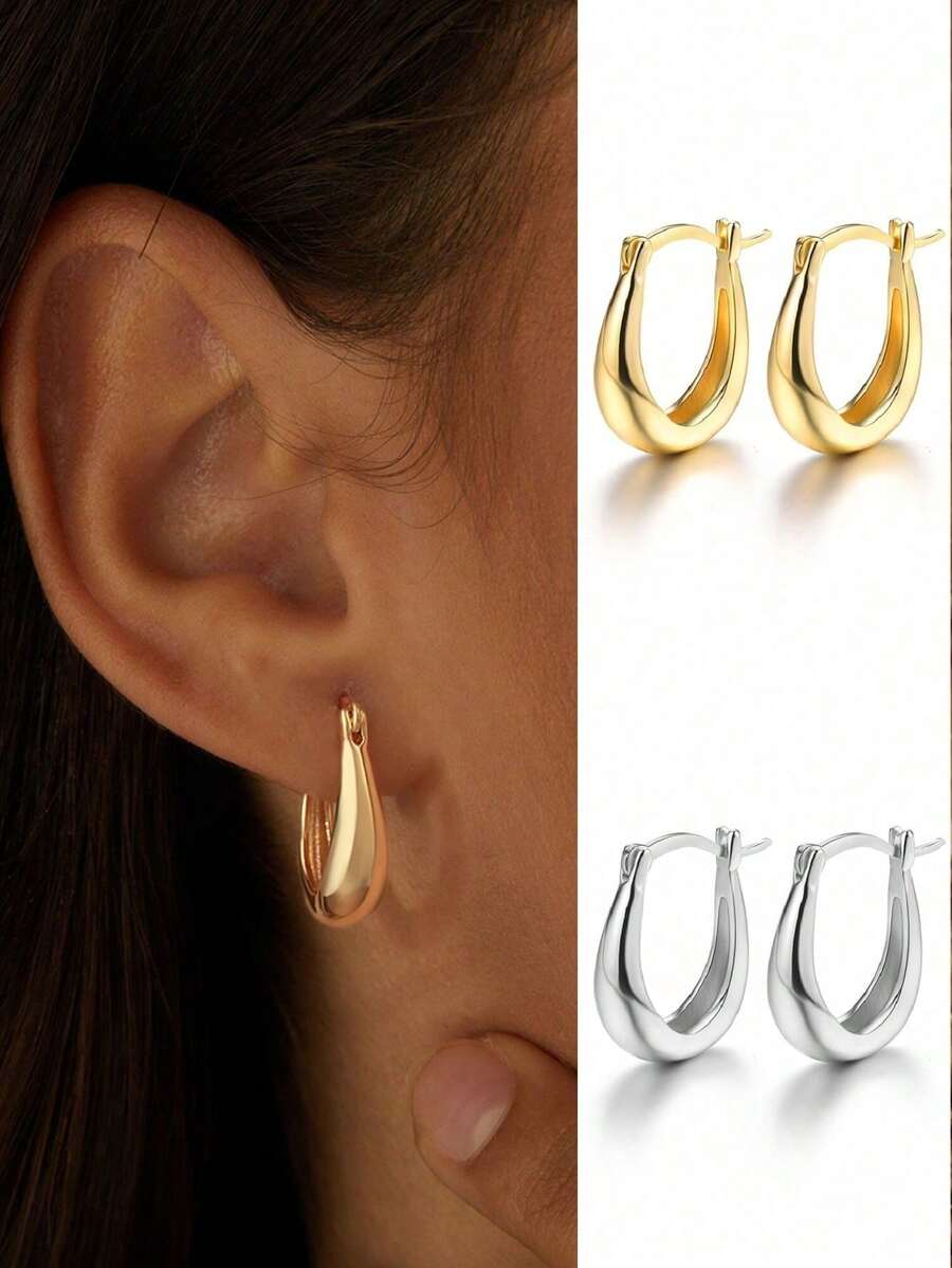 1 Đôi bông tai hình chữ U đơn giản bằng bạc Sterling S925, món quà trang sức thanh lịch dành cho phụ nữ, quà tặng dự tiệc. - Hình chữ U - Xem 1