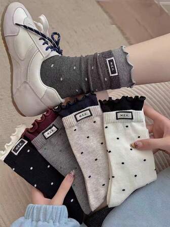 4 Pairs Polka Dot Lace Trim Crew Socks For Women, Fashionable Minimalist Ruffle Hem Socks, Random Delivery