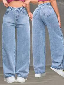 Women's Light Blue Wide Leg Jeans, High Waist, Pantaloons - Quần Jeans Nhẹ - Xem 5