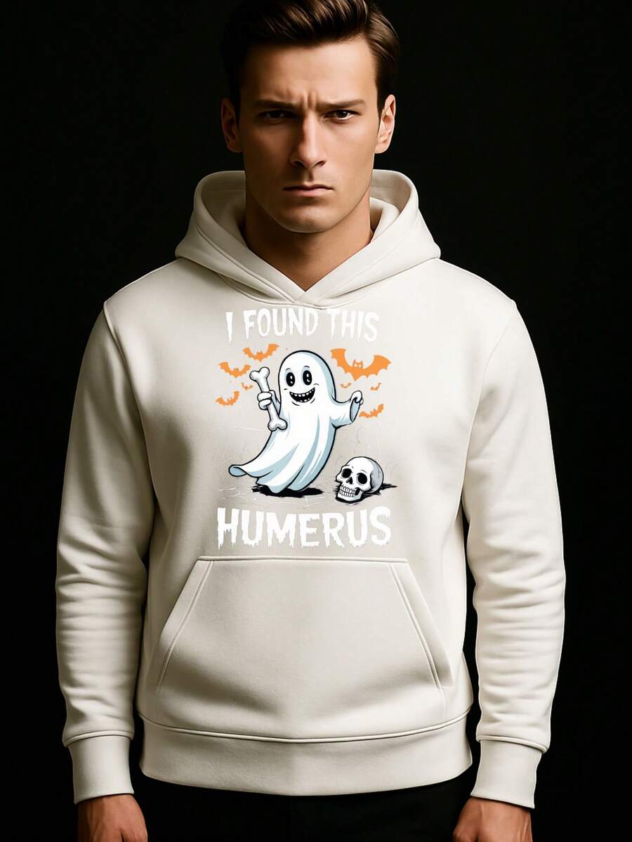 Sudadera con capucha negra con estampado de fantasma y calavera, estilo casual unisex - Blanco - Ver 1