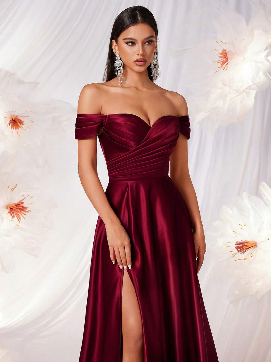 Elisanya Váy chữ A trễ vai cạp cao, buộc dây hở lưng thanh lịch dành cho nữ, thích hợp cho vũ hội, tiệc tùng, tốt nghiệp, sinh nhật, hẹn hò buổi tối, tiệc về quê, khách dự tiệc cưới, bữa tối trang trọng - Màu Đỏ Sâu - Xem 1
