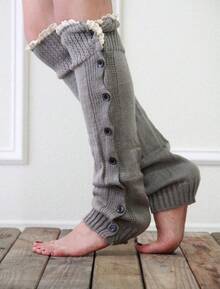 Button Decorated Knitted Over-The-Knee Socks For Women, Long JK Slouch Socks, Autumn And Winter Warm Retro Style Leg Warmers, Pair With High Heels And Boots - 淺灰 - 查看 5