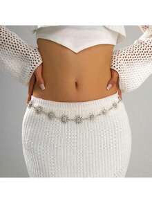 Metal Face Sunflower Waist Chain Body Chain Dress Waist Versatile Accessory,Sweet & Fashionable Gold Jewelry For Women, Suitable For Daily Wear, Beach, Date, Party - 銀色 - 查看 12