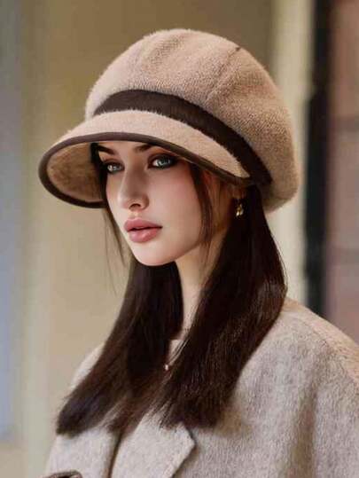 1pc Women's Solid Color Wide Brim Beanie Hat, Casual Elegant Retro Street Style Versatile Autumn/Winter, High-End French Vintage Classy Fedora Suitable For Daily Wear, Dining, Shopping, Outdoor, Skiing, Riding, Travel, Party