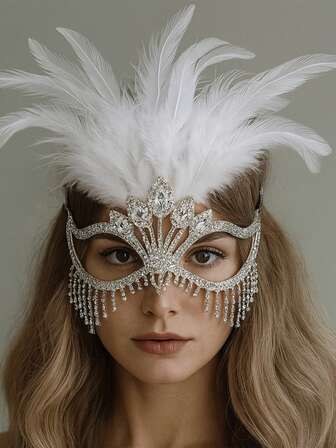 1pc Fashionable Feather & Rhinestone Mask, 1pc Halloween Stage Singer Mask With Rhinestone Tassel, 1pc Women's Performance Jewelry Accessory
