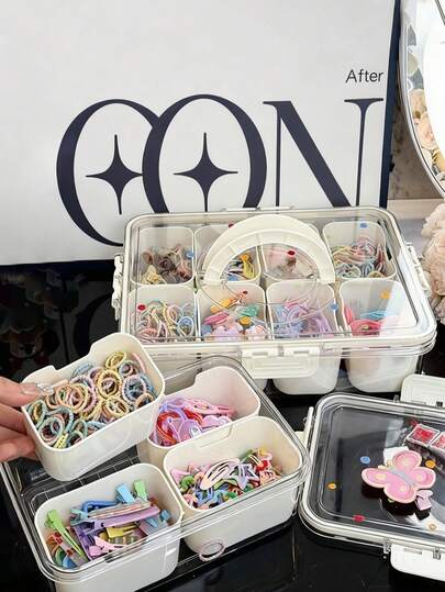 1pc White Luxury Children's Hair Accessory Storage Box, Girls Hair Accessory Box, Large Capacity Kids Hair Accessory Storage Box, With Handle Double Layer Storage Box, One-Click Storage For Hair Clips, Hair Ties, Scrunchies