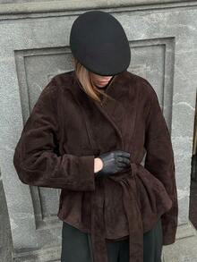 1pc Women Solid Color Faux Suede Jacket With Pockets, Belt And Buttons, Suitable For Spring And Autumn - Rust Brown - View 5