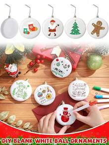 18 Stücke/Set weiße Weihnachtskugeln, enthält 4 Stücke weiße runde Ornamente, 6 Stücke Graffiti Marker und 8 Stücke DIY Graffiti Malvorlagen. Geeignet als Christbaumanhänger, Weihnachtsparty Hintergrund, Tischdekoration oder Weihnachtsgeschenke.