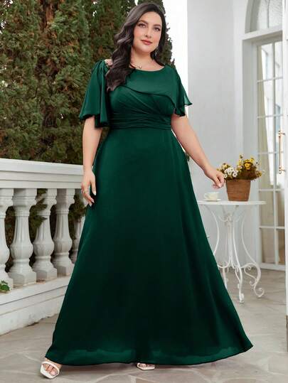 Plus Size Women's Butterfly Sleeve Round Neck Pleated Waist & Swing Floor Length Chiffon Bridesmaid Dress