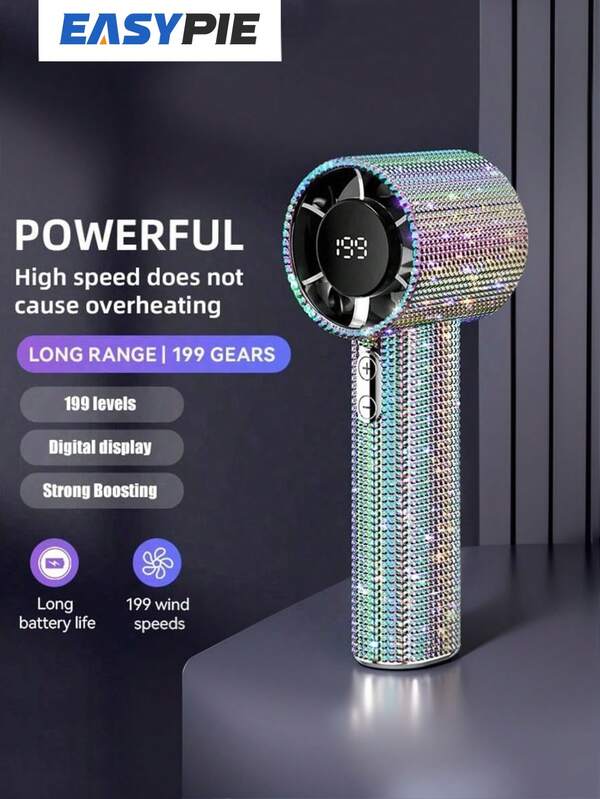 Easypie Selection Abanico portátil de lujo con diamantes completos, recargable por USB-C, ventilador turbo con ajuste de velocidad y silencioso, regalo de verano en caja