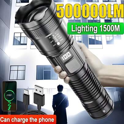 5,000,000 High Lumen Rechargeable Tactical LED Flashlight, 20W High Power, 3 Lighting Modes, Digital Display, USB Rechargeable, Long-Distance Zoomable Portable Searchlight, Durable ABS Material, With USB Cable, Perfect For Outdoor Activities, Hiking, Camping, Hunting, Christmas Gift