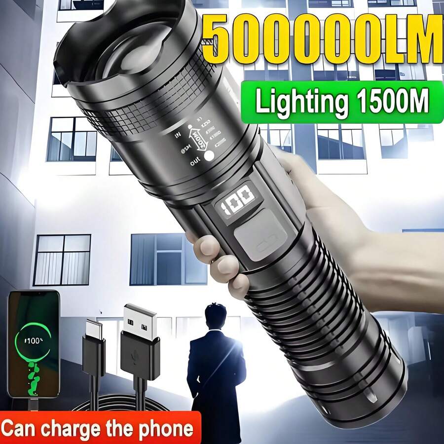高亮度可充電戰術 LED 手電筒，20W 高功率，3 種照明模式，數位顯示，USB 充電，長距離可變焦便攜式搜尋燈，耐用 ABS 材質，附 USB 充電線，適合戶外活動、徒步、露營、狩獵，完美聖誕禮物