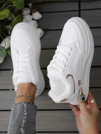 女士休闲运动鞋，秋冬新款厚底系带款式，保暖内衬，温暖舒适，低帮百搭纯色户外运动休闲鞋